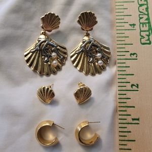 Seashell Scallop Hoop Gold Toned Earring Beachy Lot Bundle Faux Pearls Coral